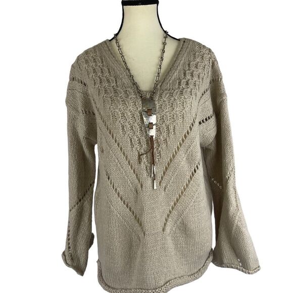 Paille V neck loose pullover casual knitted sweater hollow out chic khaki sz M - Picture 4 of 14